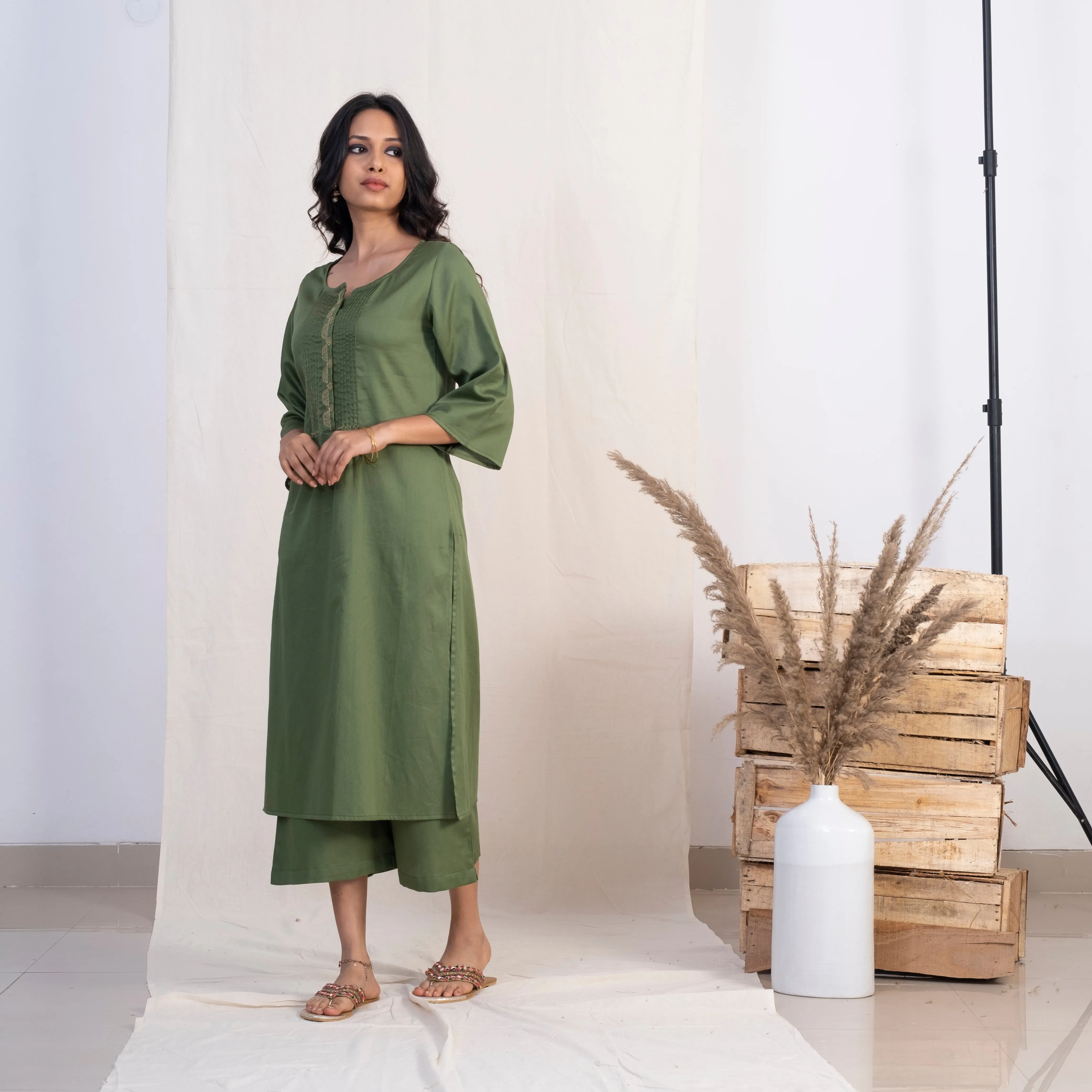 Akiso Green Round Neck With Pintucks With Palazzo And Gold Dupatta (Set of 3)