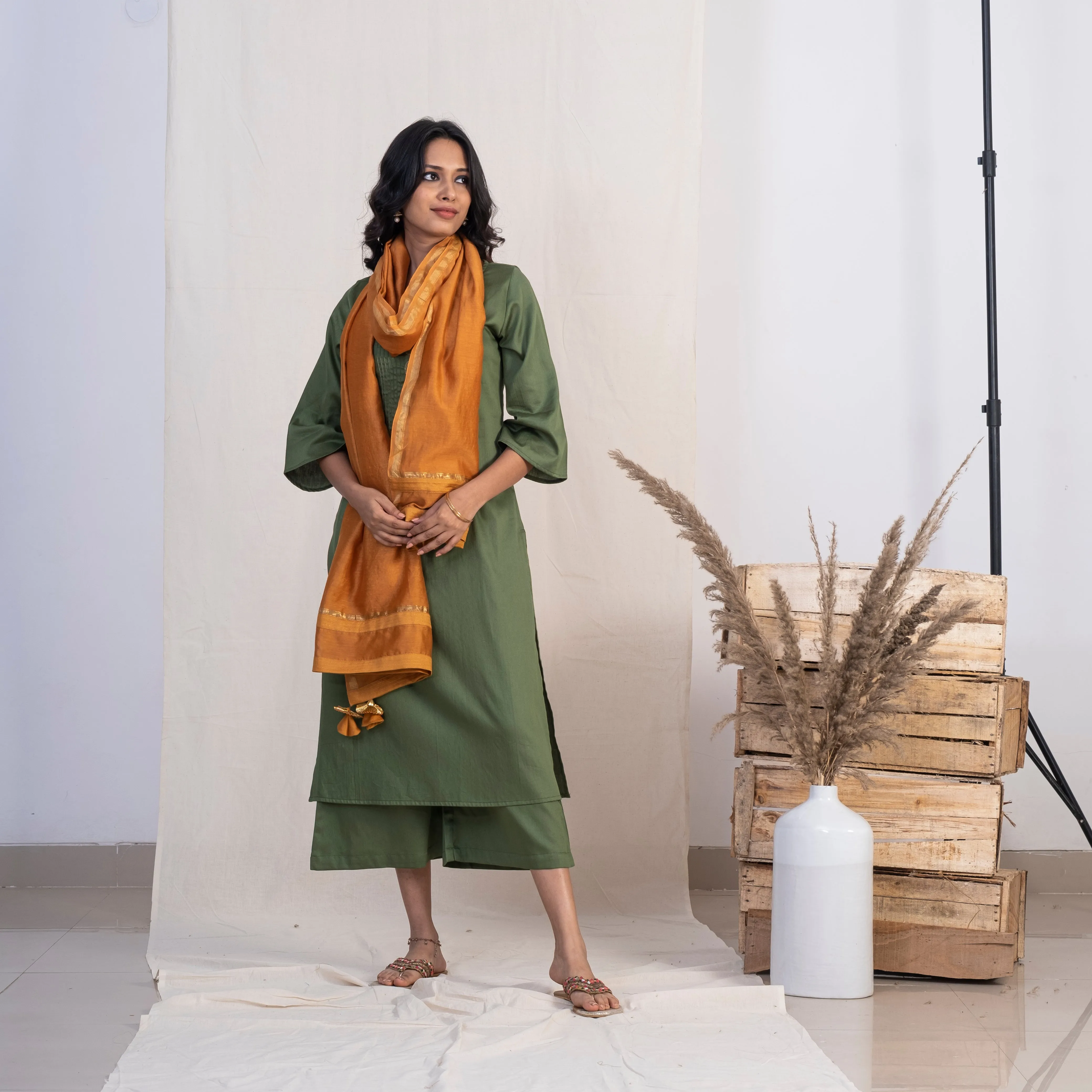 Akiso Green Round Neck With Pintucks With Palazzo And Gold Dupatta (Set of 3)