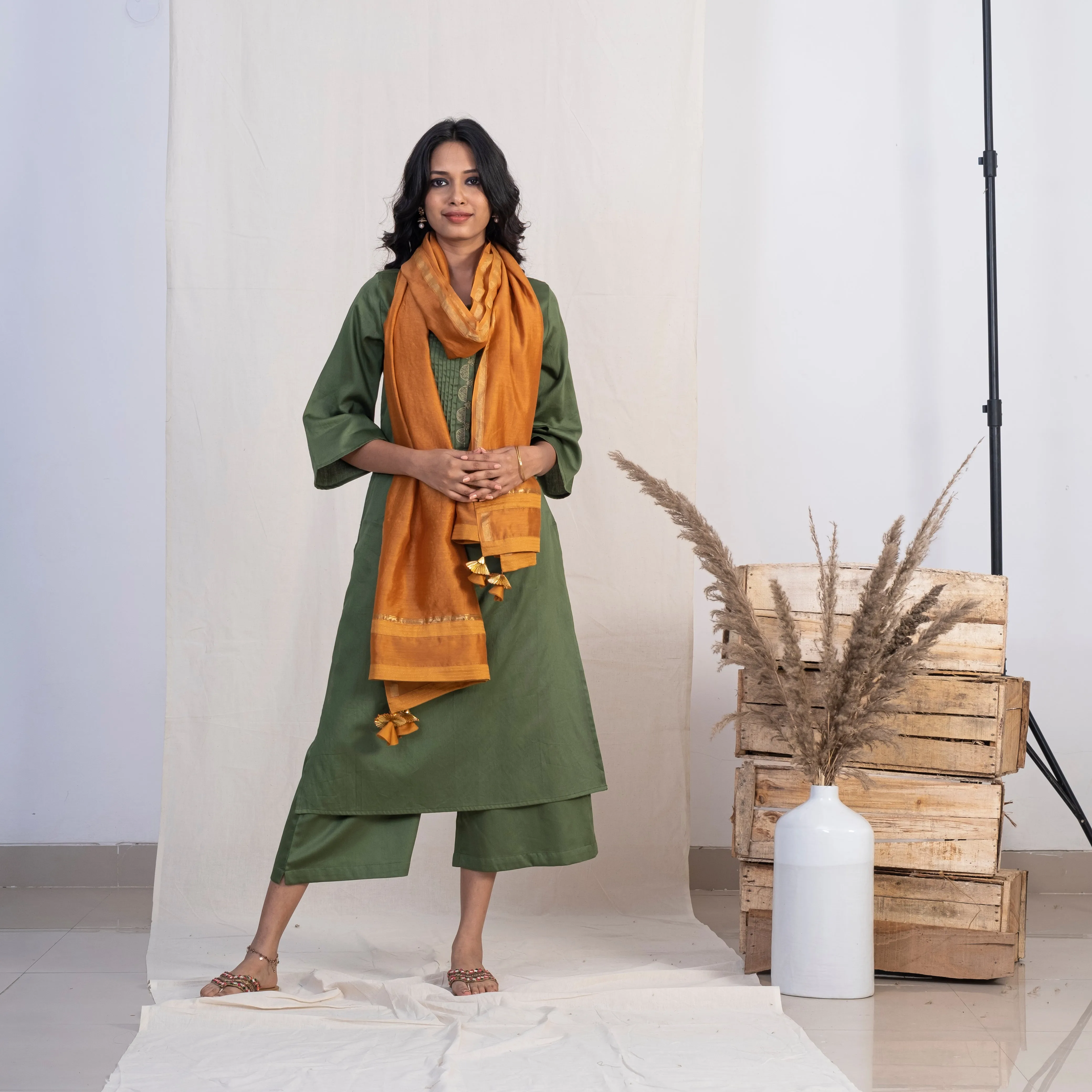 Akiso Green Round Neck With Pintucks With Palazzo And Gold Dupatta (Set of 3)