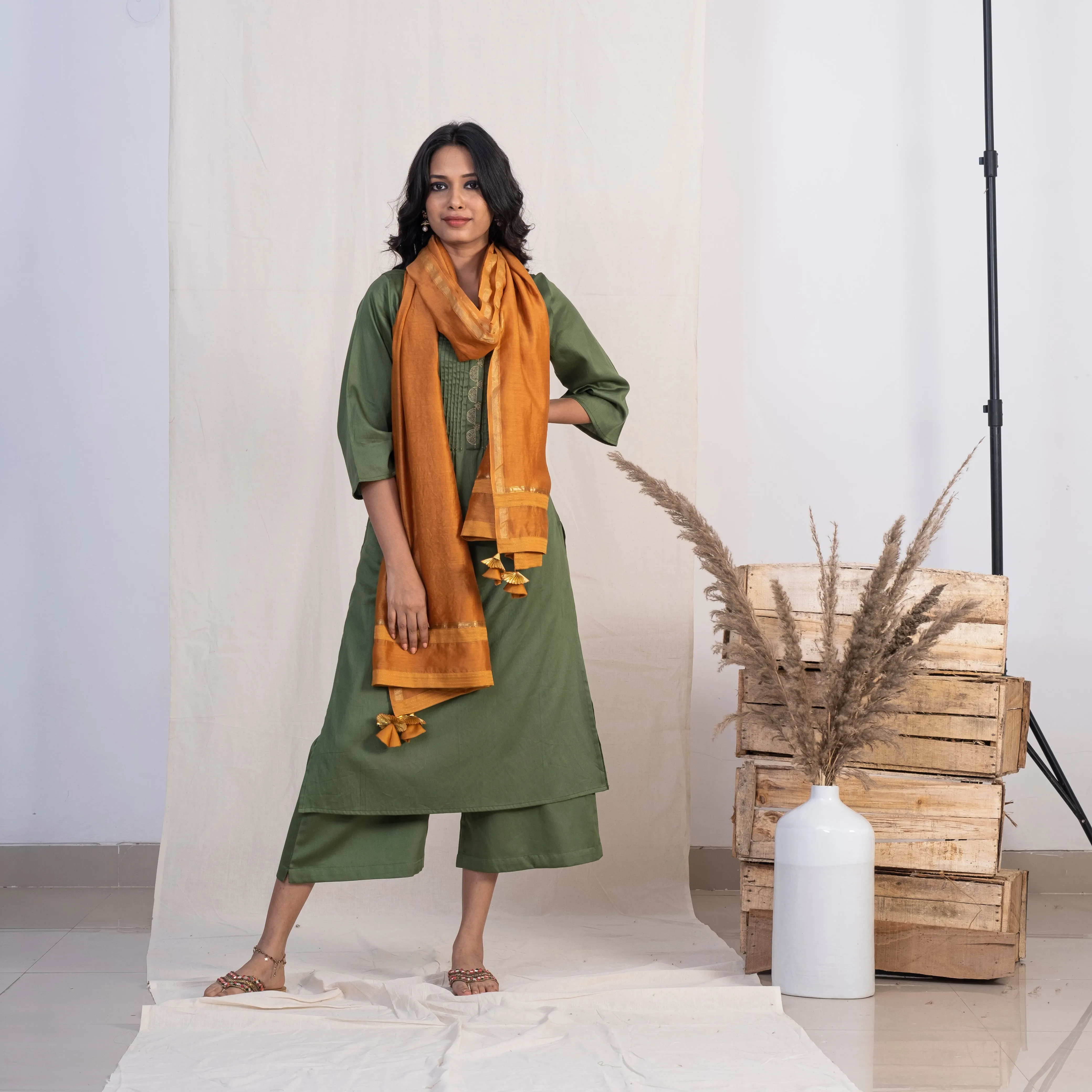 Akiso Green Round Neck With Pintucks With Palazzo And Gold Dupatta (Set of 3)
