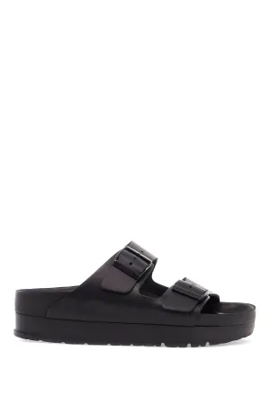 BLACK LEATHER PLATFORM SANDALS WITH TWO STRAPS AND METAL BUCKLES
