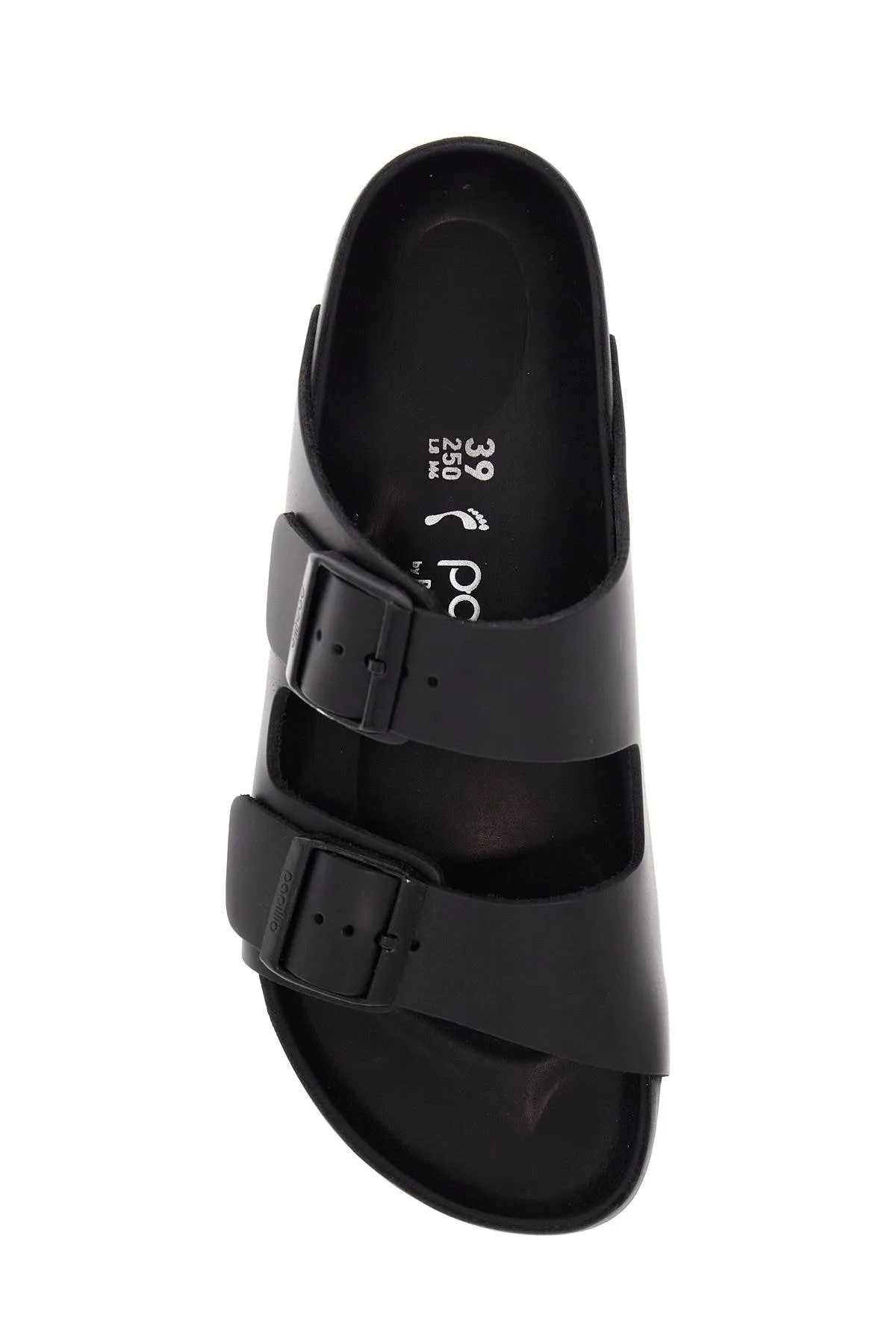 BLACK LEATHER PLATFORM SANDALS WITH TWO STRAPS AND METAL BUCKLES