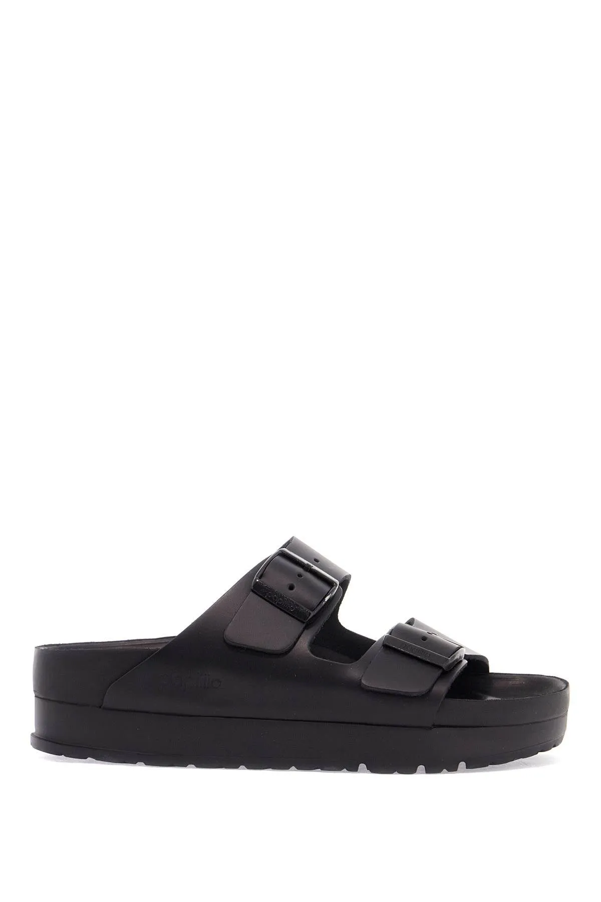 BLACK LEATHER PLATFORM SANDALS WITH TWO STRAPS AND METAL BUCKLES