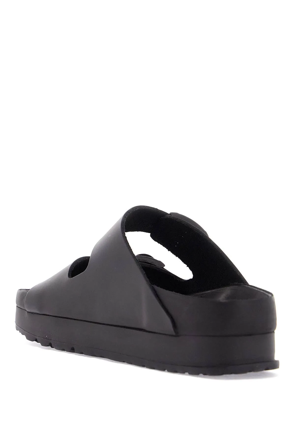 BLACK LEATHER PLATFORM SANDALS WITH TWO STRAPS AND METAL BUCKLES