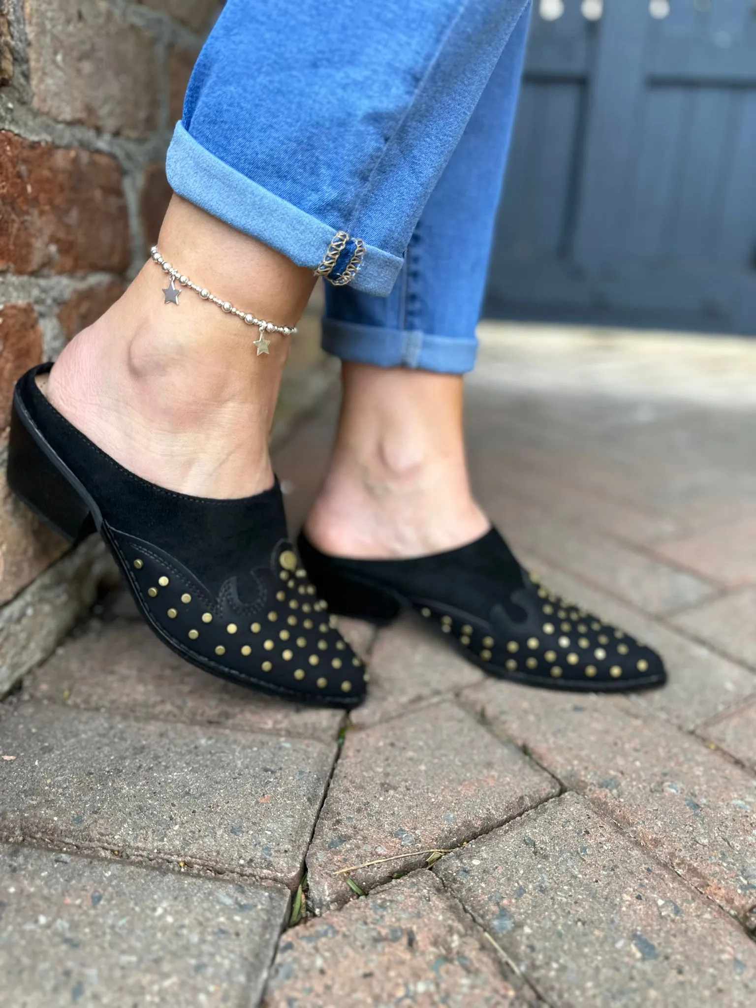 Black Studded Pointed Toe Heeled Mule