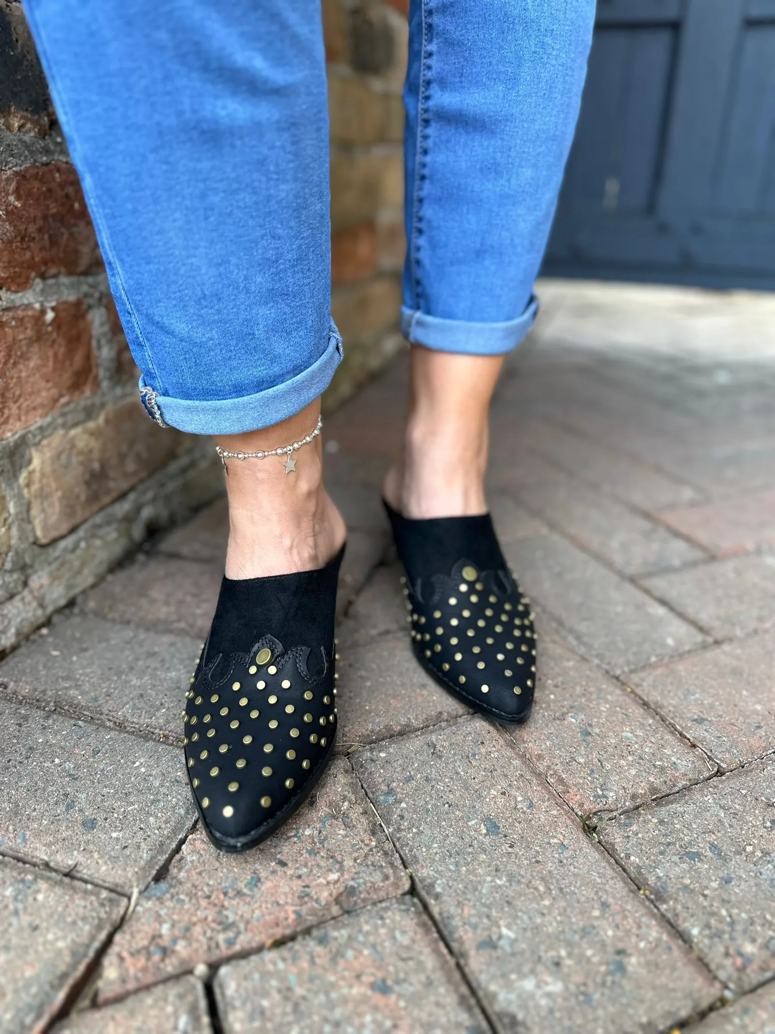 Black Studded Pointed Toe Heeled Mule
