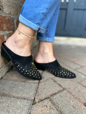 Black Studded Pointed Toe Heeled Mule
