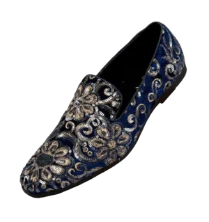 Blue and Gold Sequin Loafers Luxury Design Men's Slip-on Dress Shoes