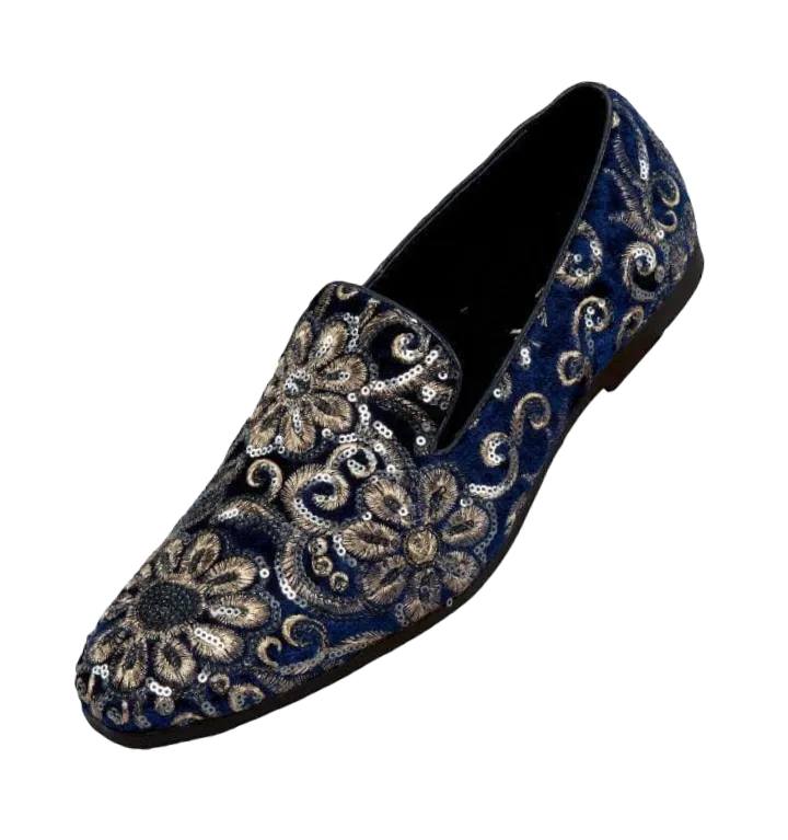 Blue and Gold Sequin Loafers Luxury Design Men's Slip-on Dress Shoes