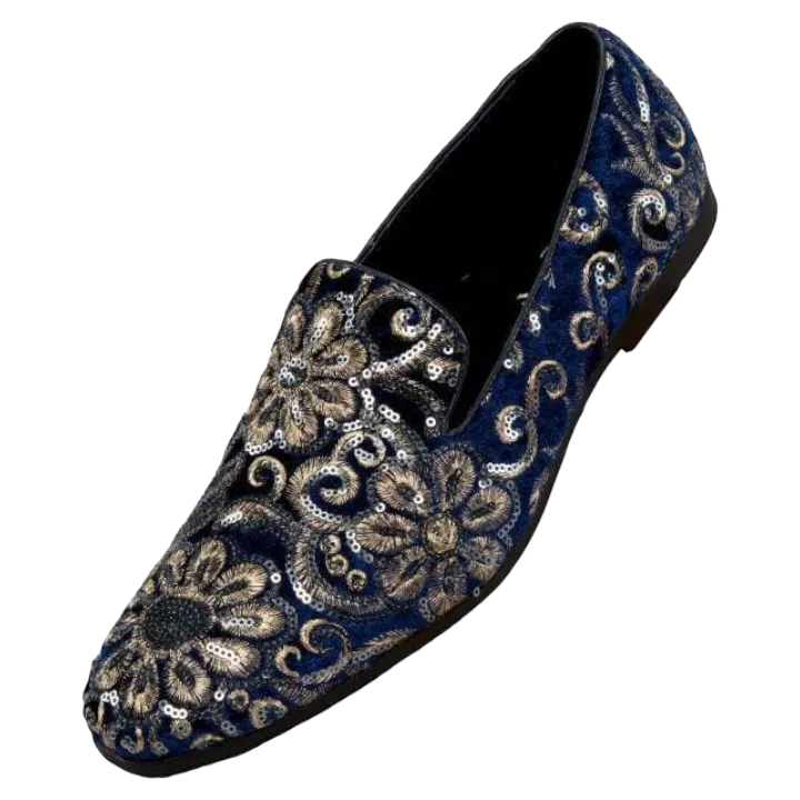 Blue and Gold Sequin Loafers Luxury Design Men's Slip-on Dress Shoes
