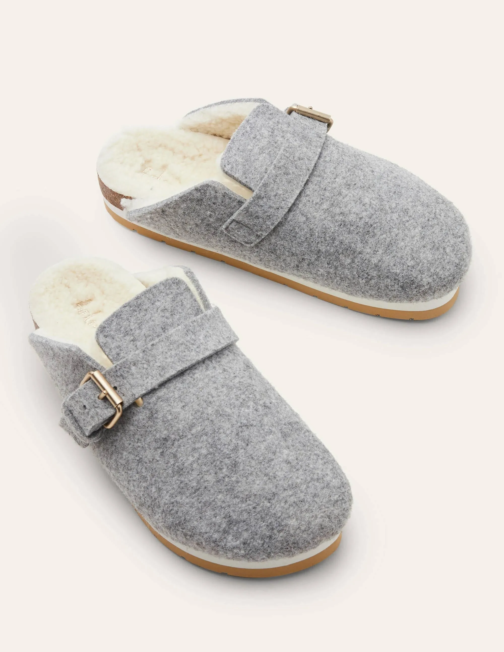 Borg Lined Mule Shoes-Grey Marl Felt