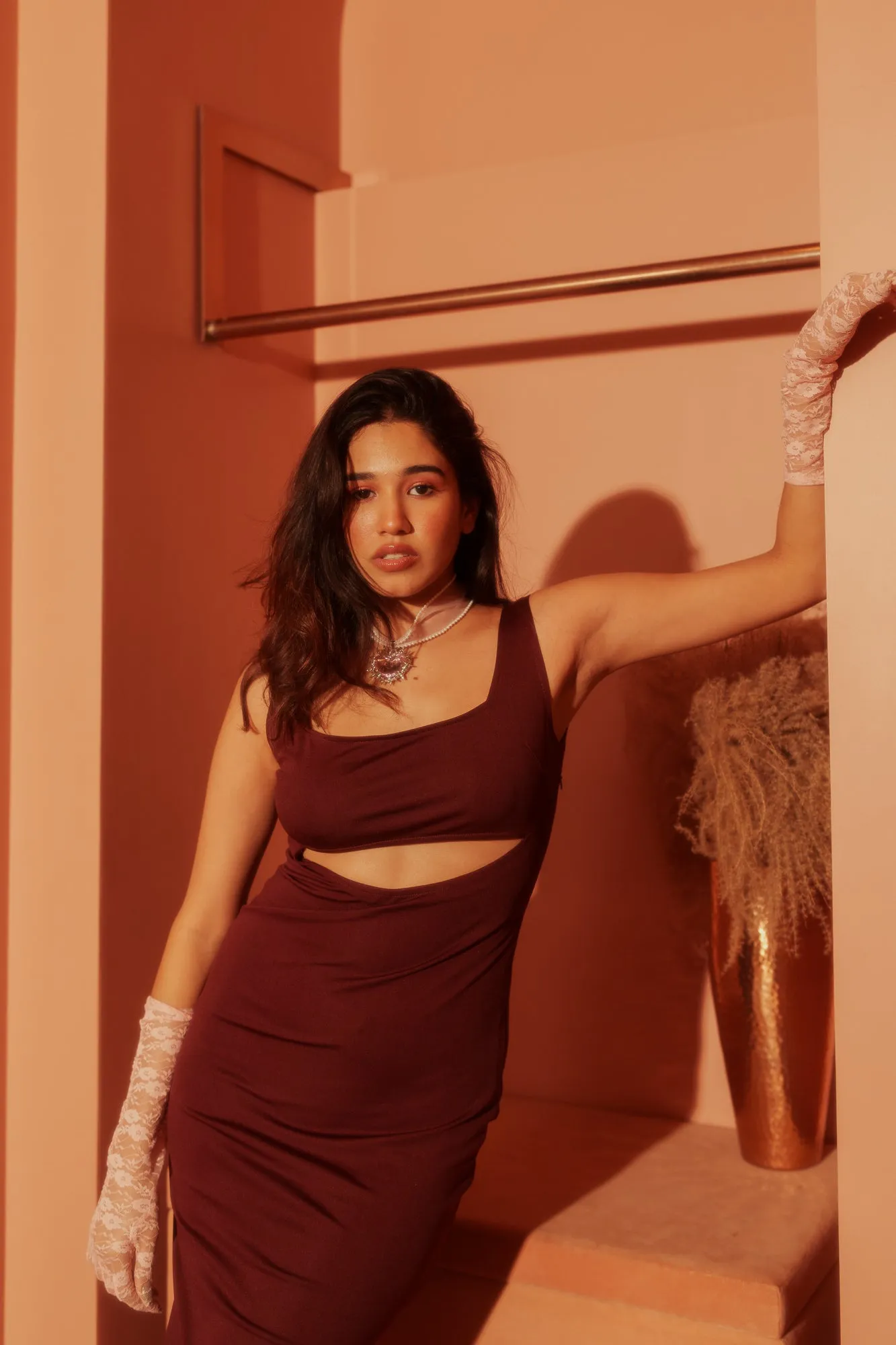 Burgundy Cut-Out Bodycon Midi Dress