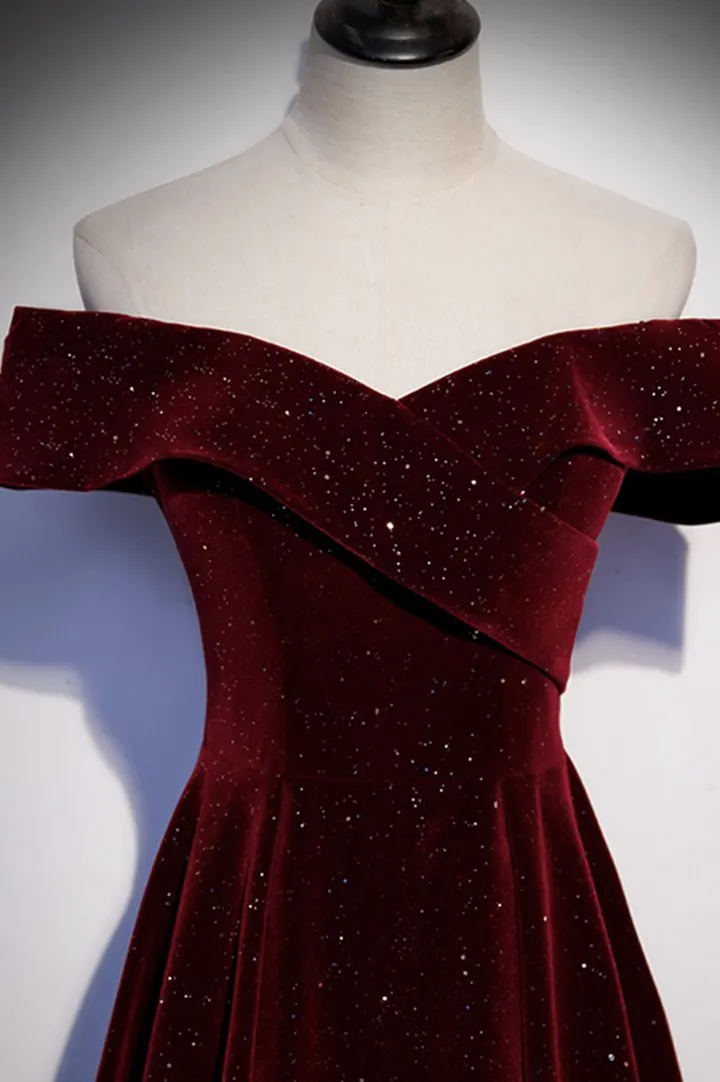 Burgundy velvet long prom dress evening dress M484