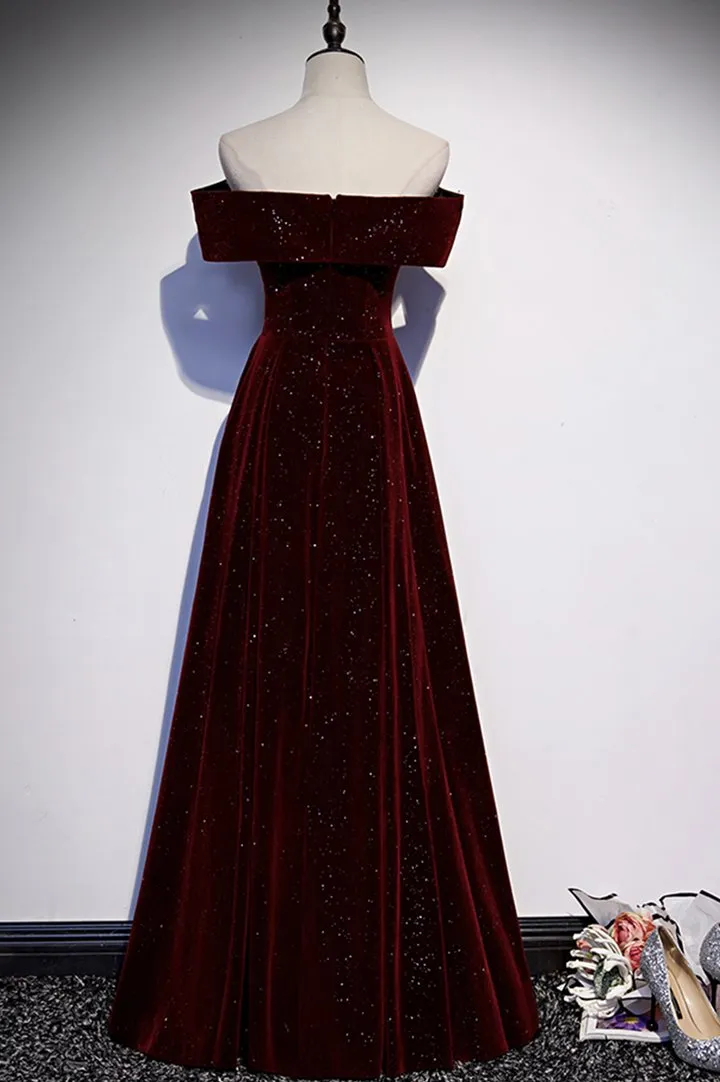 Burgundy velvet long prom dress evening dress M484