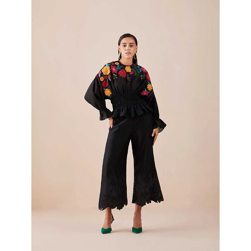 CHANDRIMA Black Waist Ruched Applique Top