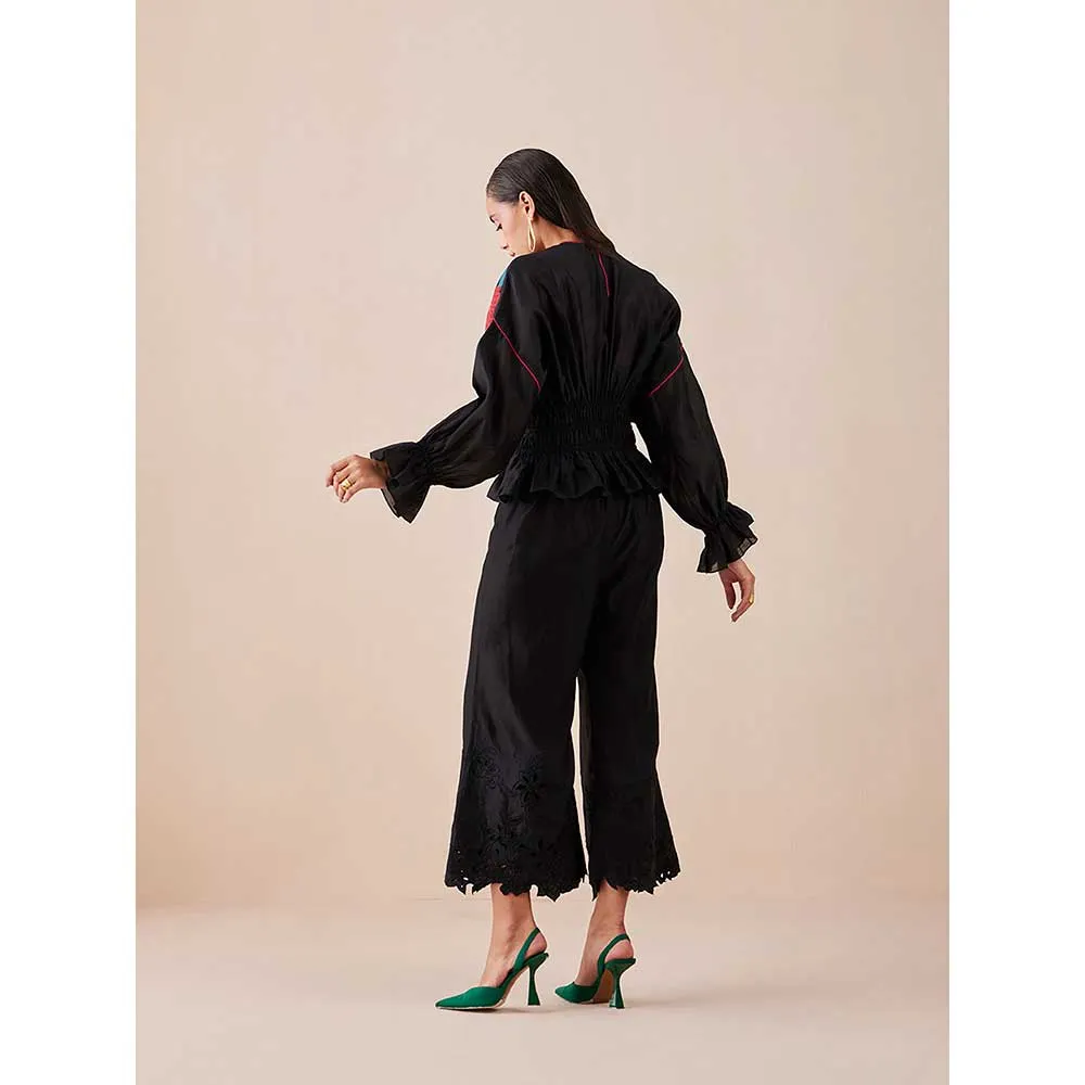 CHANDRIMA Black Waist Ruched Applique Top