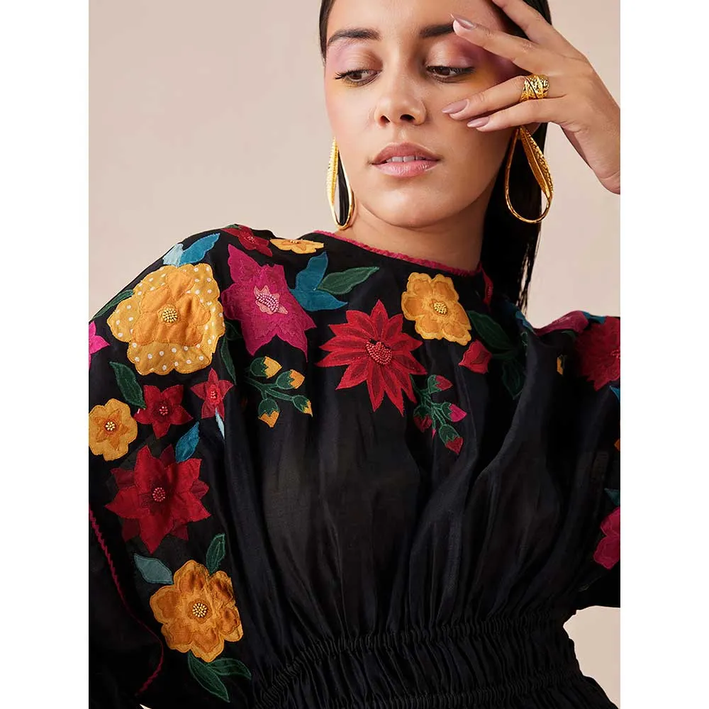 CHANDRIMA Black Waist Ruched Applique Top