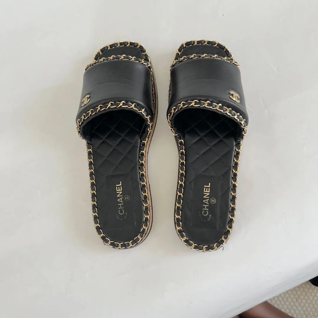 Chanel Black & Gold Chain Mules, 39C