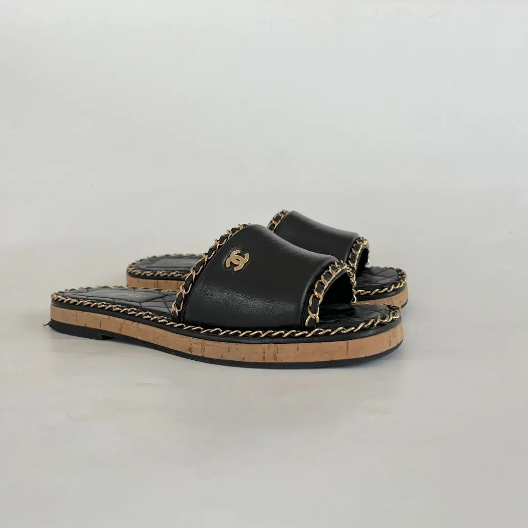 Chanel Black & Gold Chain Mules, 39C