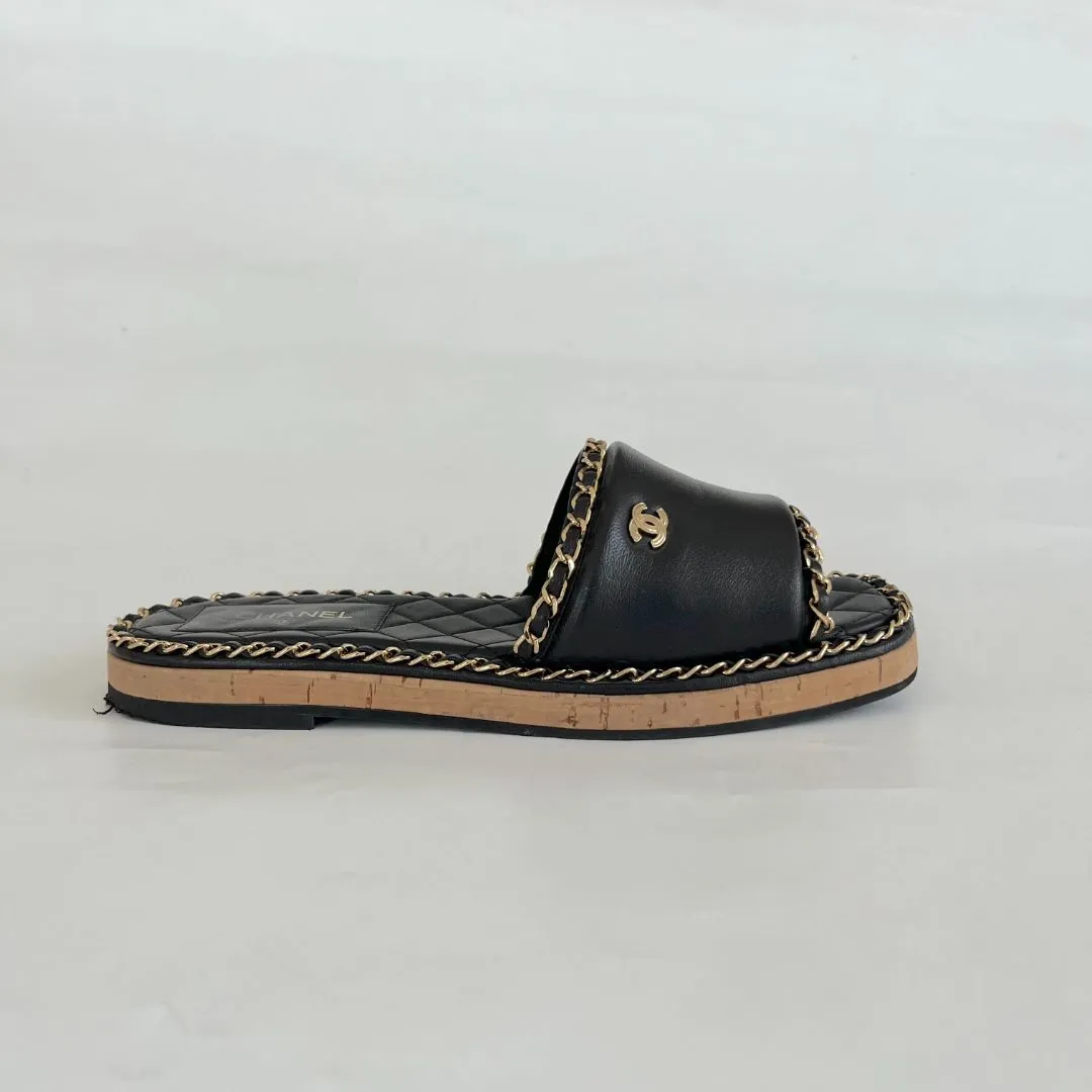 Chanel Black & Gold Chain Mules, 39C