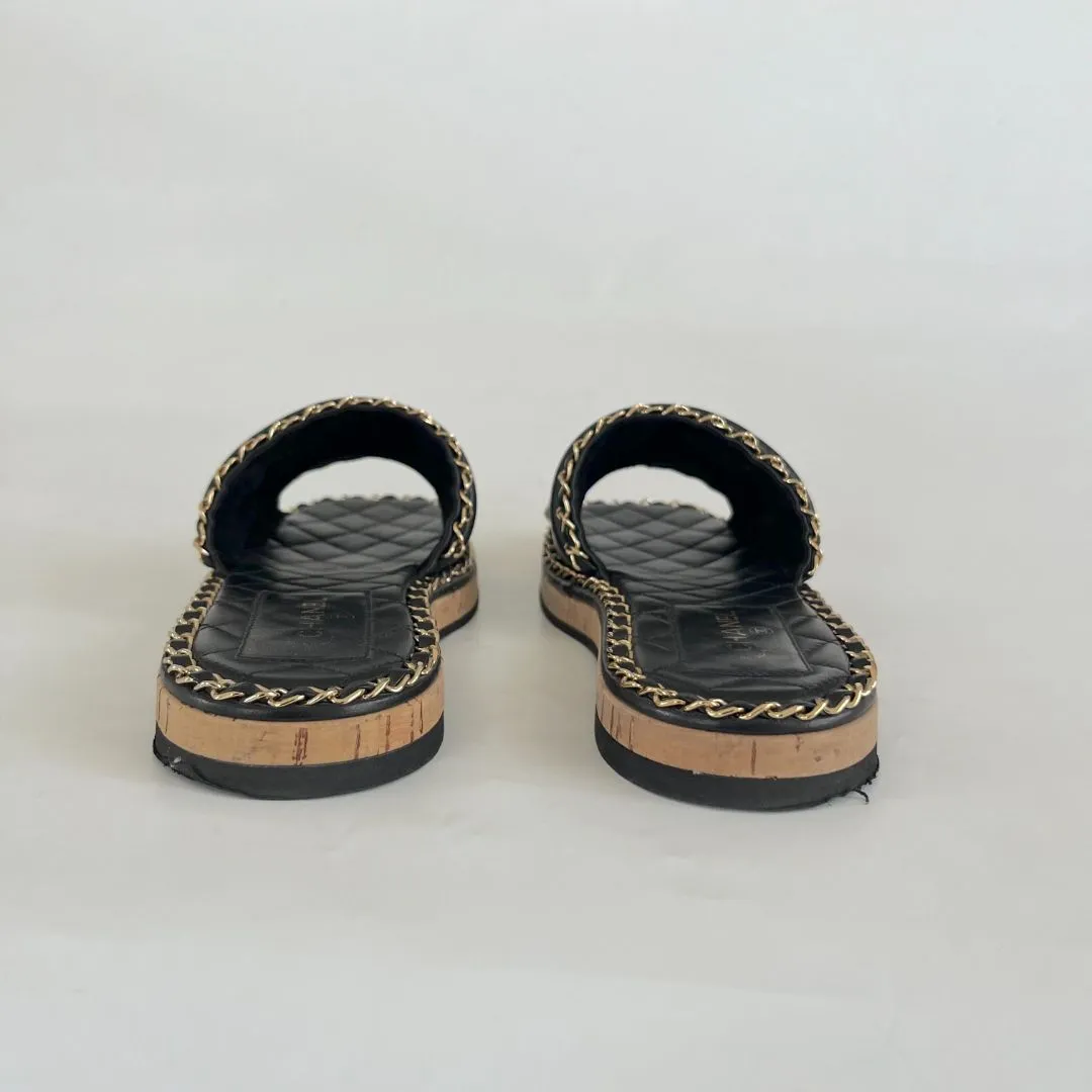 Chanel Black & Gold Chain Mules, 39C