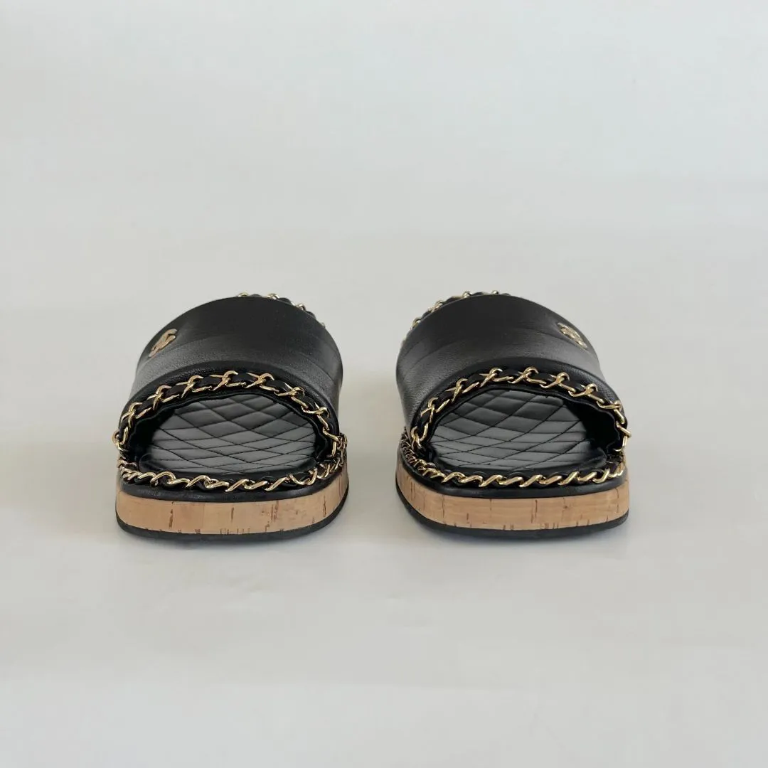Chanel Black & Gold Chain Mules, 39C