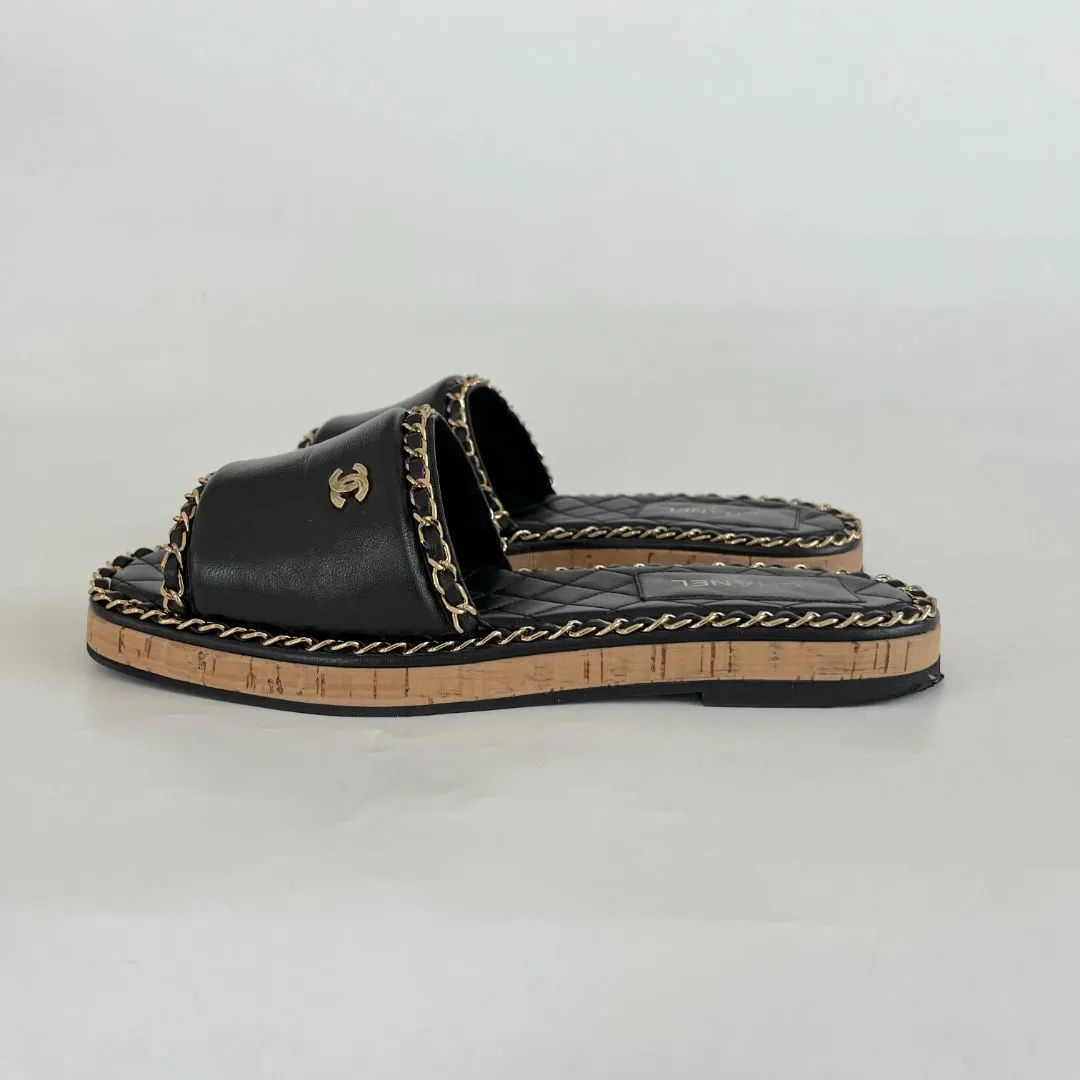 Chanel Black & Gold Chain Mules, 39C