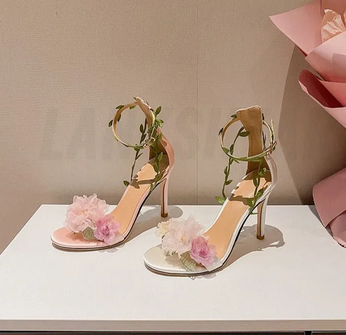 Chiffon Flower High Heels Rattan Strappy Sandals