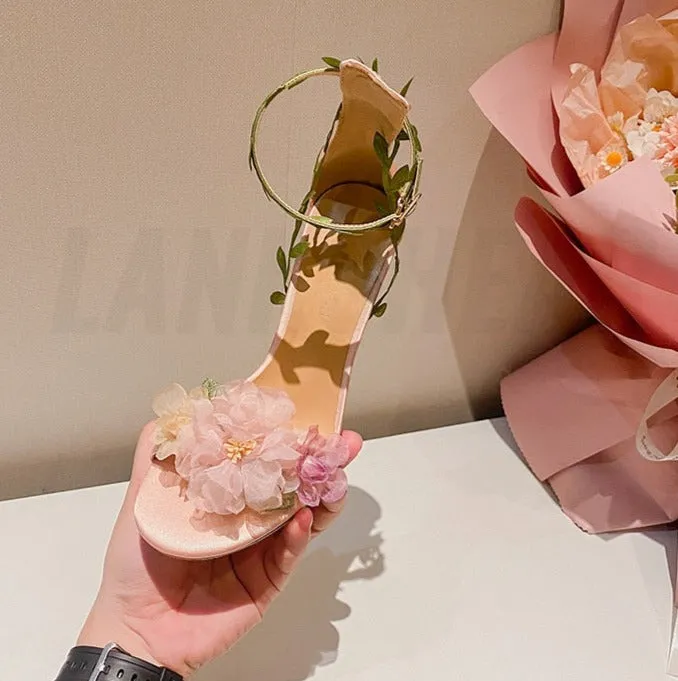 Chiffon Flower High Heels Rattan Strappy Sandals
