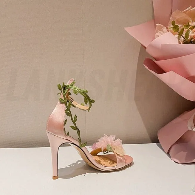 Chiffon Flower High Heels Rattan Strappy Sandals