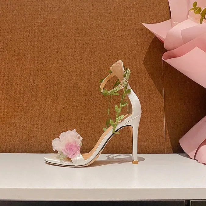 Chiffon Flower High Heels Rattan Strappy Sandals