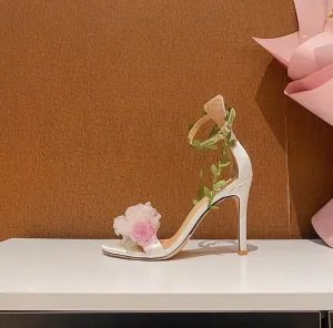 Chiffon Flower High Heels Rattan Strappy Sandals