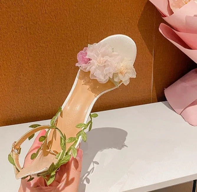 Chiffon Flower High Heels Rattan Strappy Sandals