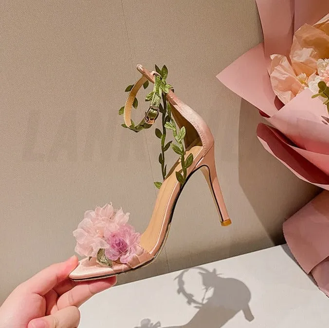 Chiffon Flower High Heels Rattan Strappy Sandals