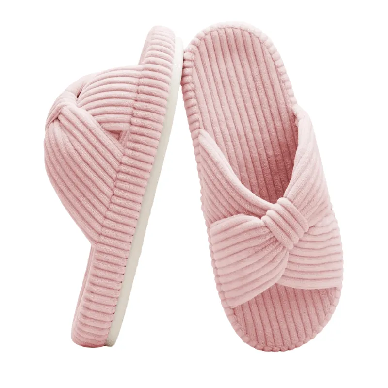 Corduroy Bow Open Toe Slippers – Soft Comfort for Everyday Wear