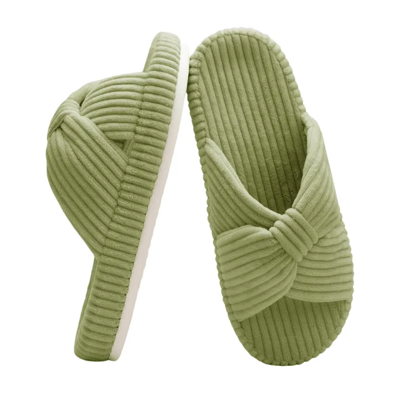Corduroy Bow Open Toe Slippers – Soft Comfort for Everyday Wear