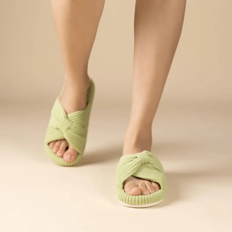 Corduroy Bow Open Toe Slippers – Soft Comfort for Everyday Wear