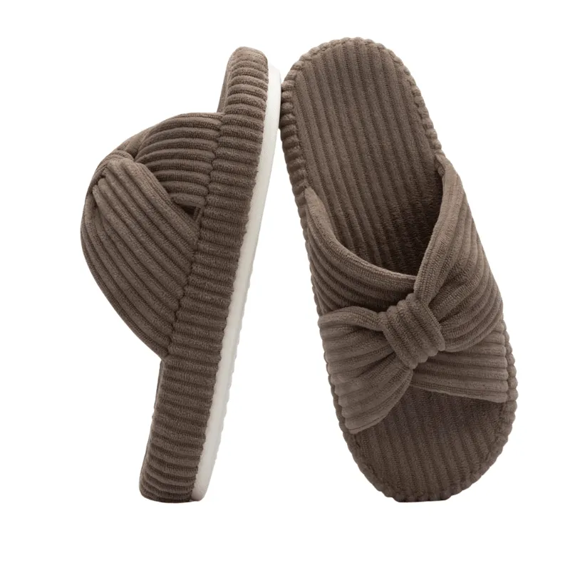 Corduroy Bow Open Toe Slippers – Soft Comfort for Everyday Wear