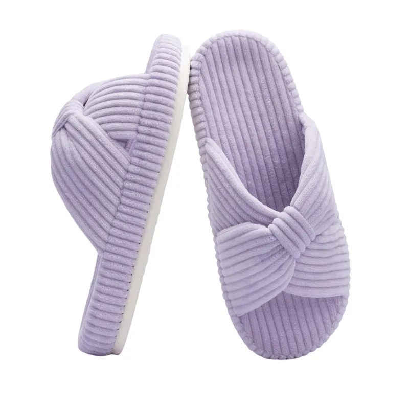 Corduroy Bow Open Toe Slippers – Soft Comfort for Everyday Wear