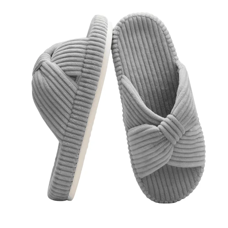 Corduroy Bow Open Toe Slippers – Soft Comfort for Everyday Wear