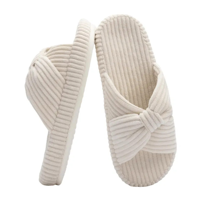 Corduroy Bow Open Toe Slippers – Soft Comfort for Everyday Wear