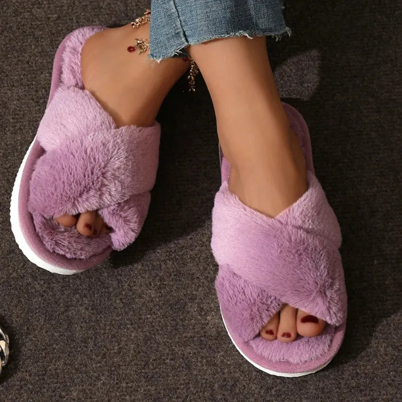 Criss Cross Plush Women’s House Slippers – Fuzzy, Cozy, Stylish Comfort All Winter Long