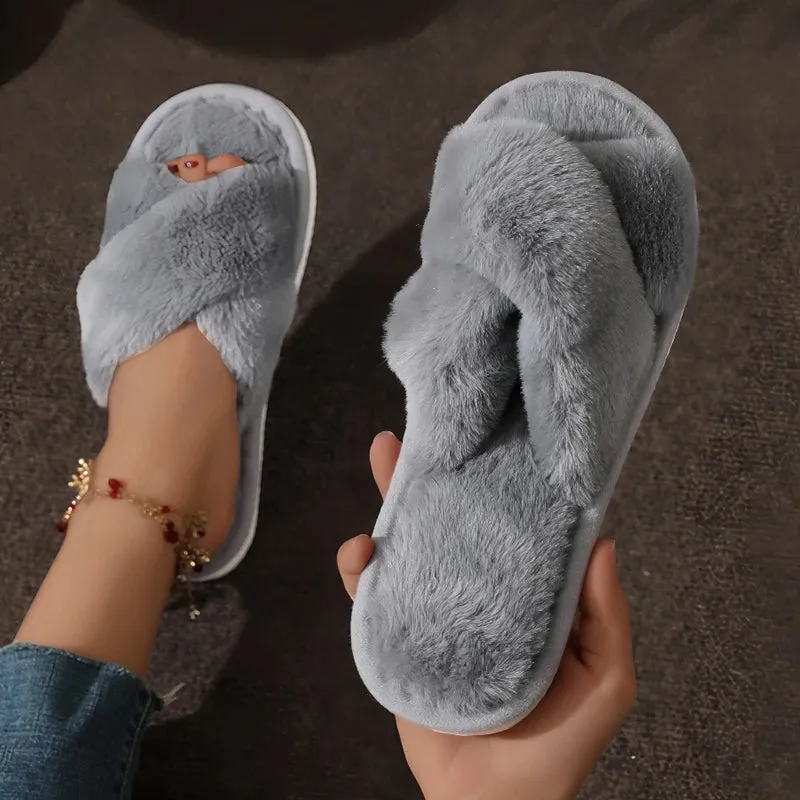 Criss Cross Plush Women’s House Slippers – Fuzzy, Cozy, Stylish Comfort All Winter Long