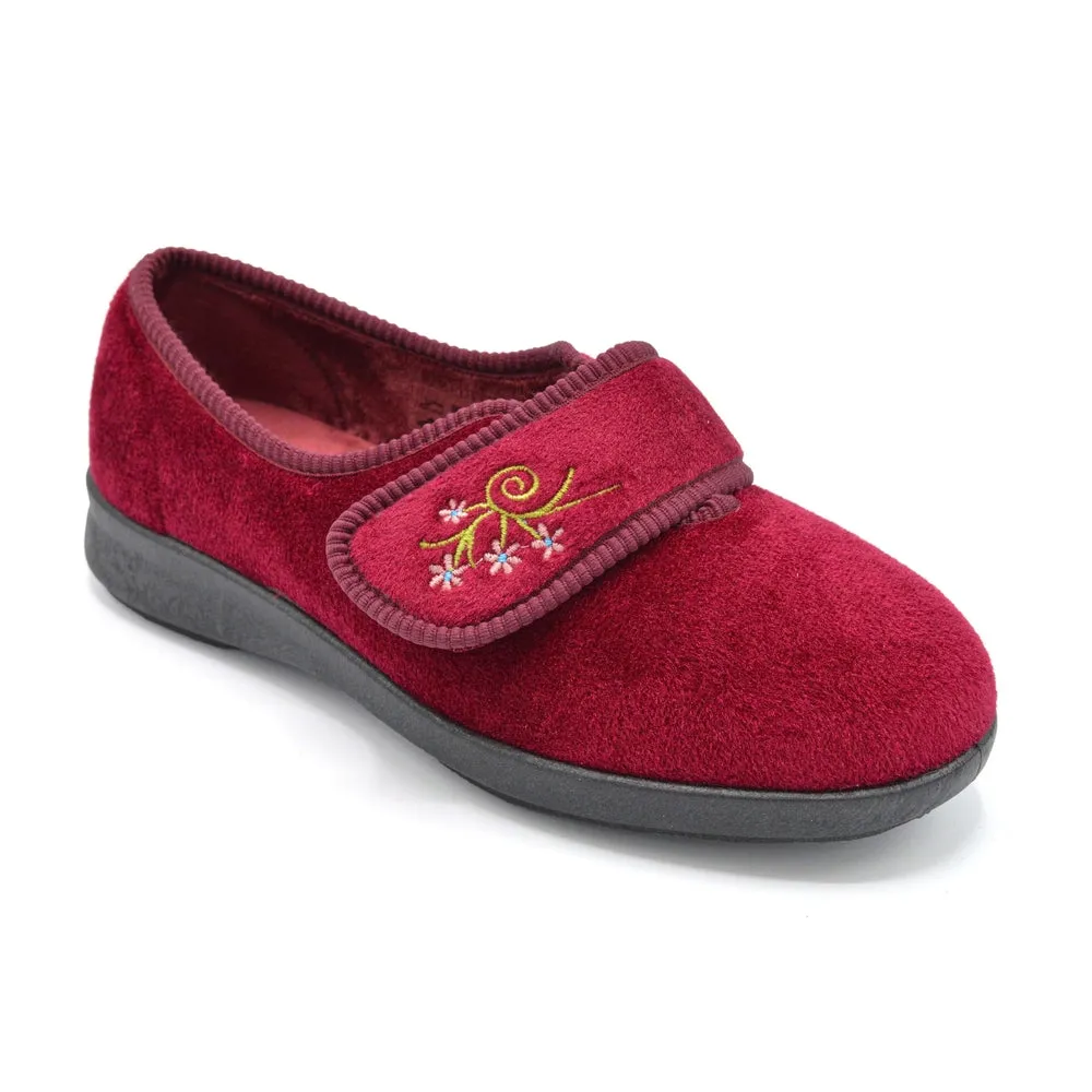DB Caroline - Ladies Extra Wide Fit Velcro Slipper - Burgundy 6E Fitting