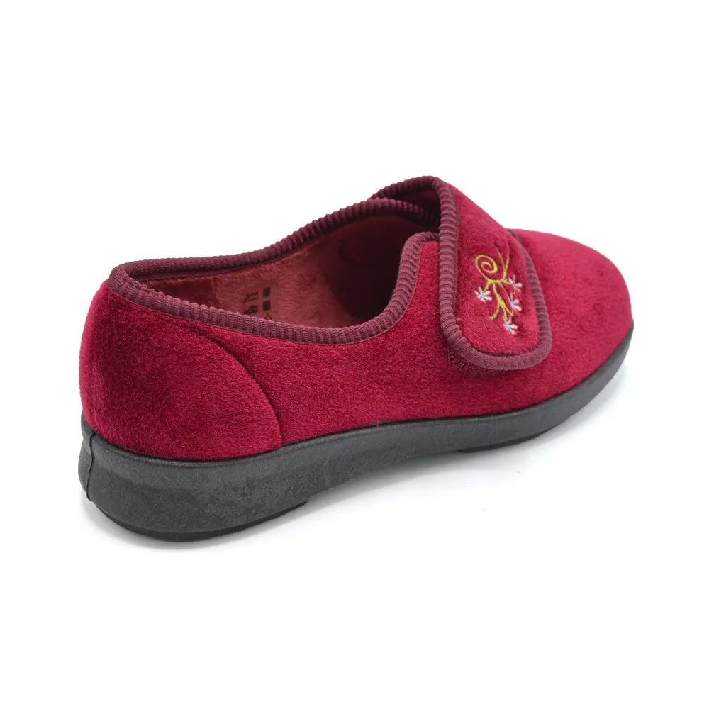 DB Caroline - Ladies Extra Wide Fit Velcro Slipper - Burgundy 6E Fitting