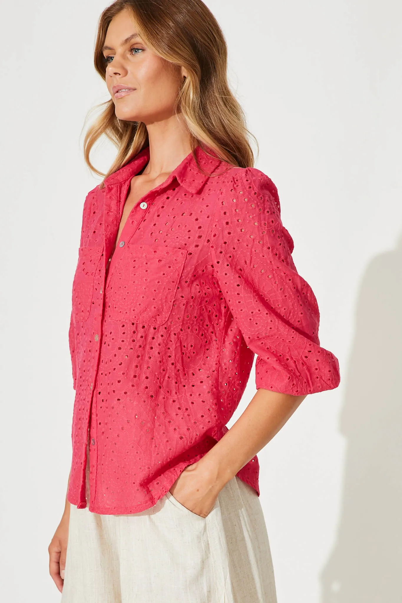 Delight Shirt In Pink Broderie Linen Blend