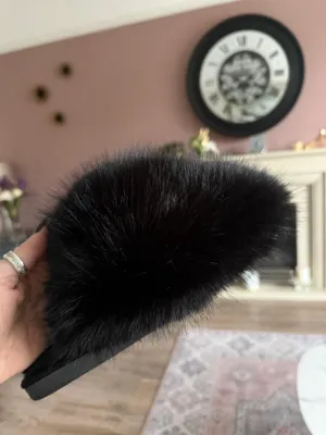 Extreme Fluffy faux Fur Slippers Black full front NO RETURNS ON SALE ITEMS