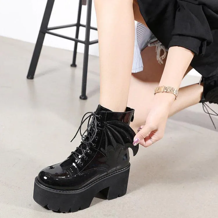 Goth Ankle Boots, Patent Leather High Heels Shoes For Women
