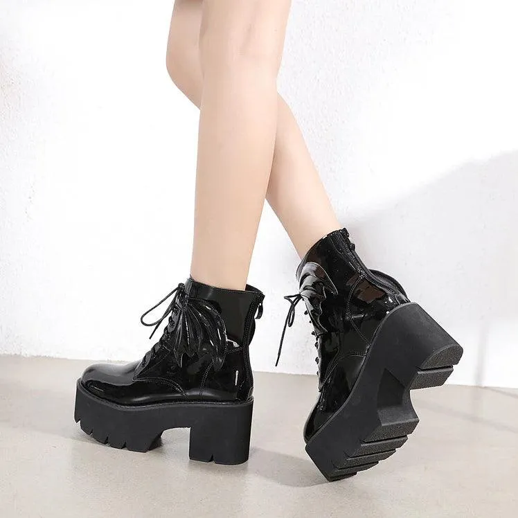 Goth Ankle Boots, Patent Leather High Heels Shoes For Women