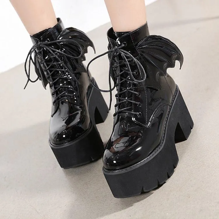Goth Ankle Boots, Patent Leather High Heels Shoes For Women